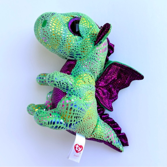 TY Beanie Boos Cinder The Green Dragon Glitter Textured Sparkling Plush Toy - Picture 6 of 8
